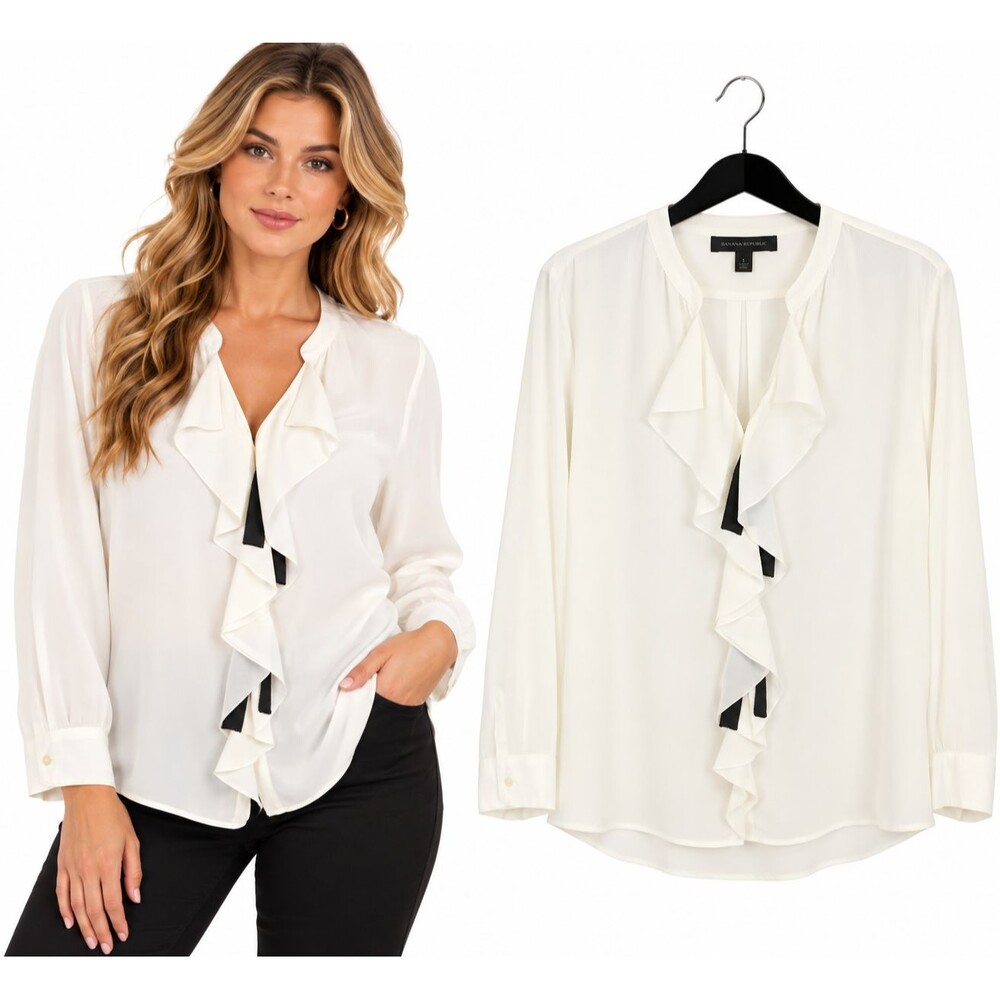 Banana Republic Ruffle Ribbon Blouse Top Size XL Long Sleeve Career Ivory